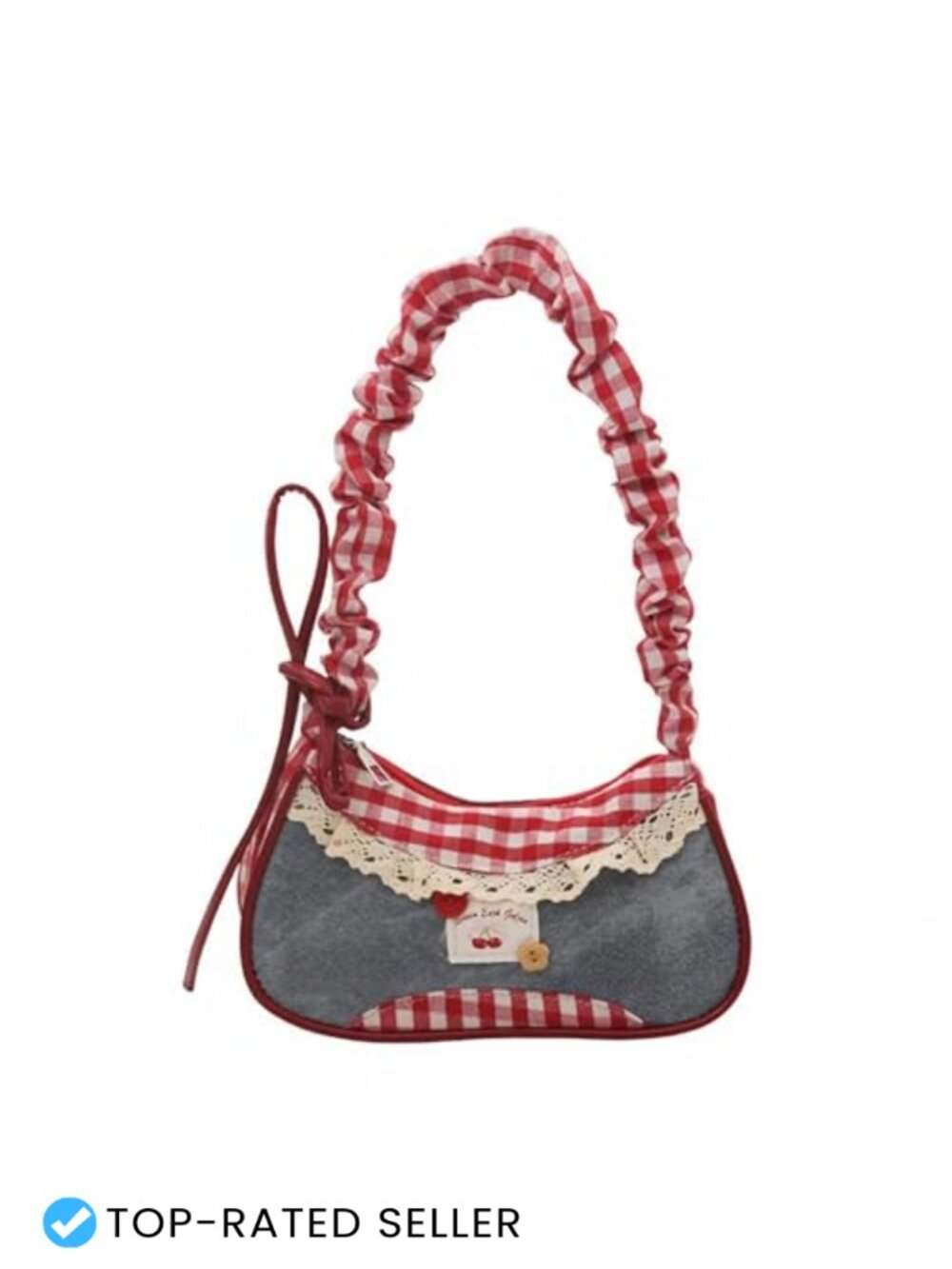 Kawaii Gingham Cherry Shoulder Bag Nylon Lace Patchwork Y2K Hobo Purse